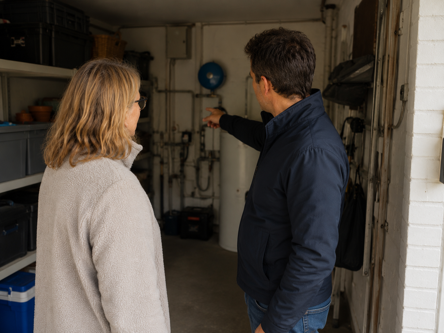 Medewerker (vrijwilliger) Mijn Groene kijkt samen met bewoner naar locatie voor plaatsing van binnenunit warmtepomp.