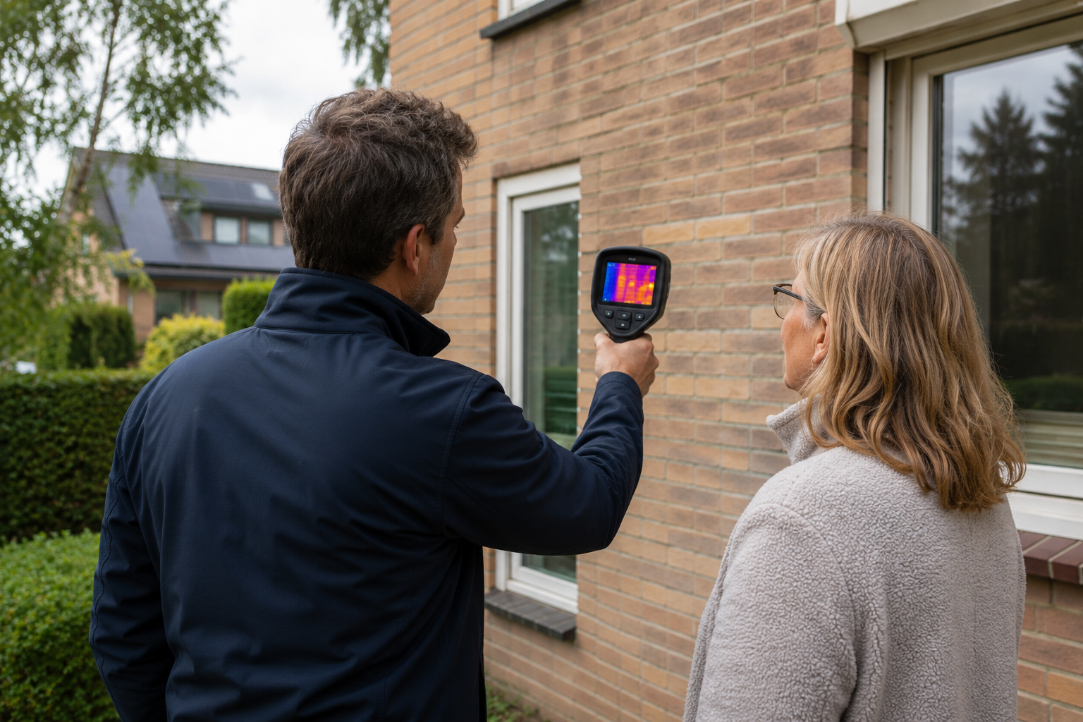 Medewerker (vrijwilliger) Mijn Groene Huis maakt warmtescan van buitenzijde woning samen met bewoner.