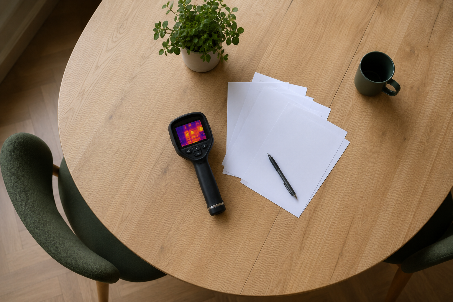 Warmtescanner Mijn Groene Huis ligt op tafel samen met wat paperassen.
